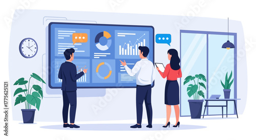 business analysis presentation colleagues review data dashboards in a modern office discussing insights for better performance and strategic decisions