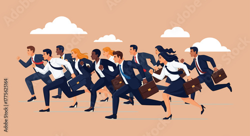 business people running competitive team of professionals in a race to success striving for growth and career advancement in a dynamic business landscape