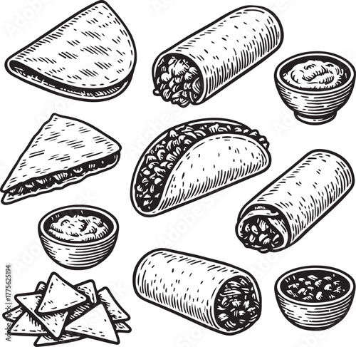 Hand-drawn Mexican Food Set Vintage