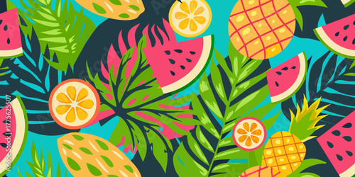 Vibrant tropical fruit and leaf pattern with watermelon pineapple orange and palm leaves