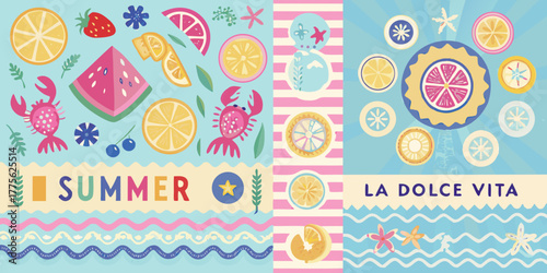Vibrant summer collage featuring fruits crabs and la dolce vita text