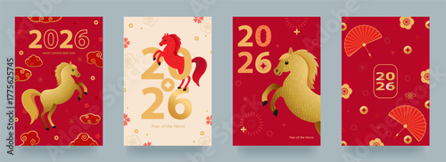A set of cards for celebrating the Chinese New Year of the Horse. Featuring gradients, a horse, and patterns. Translation from Chinese Happy New Year of the Horse. Vector illustration