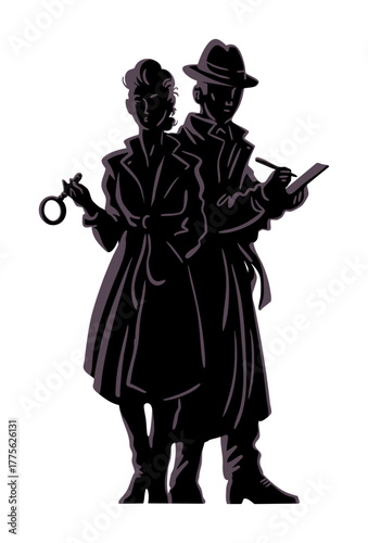 Detective duo silhouette retro vector illustration