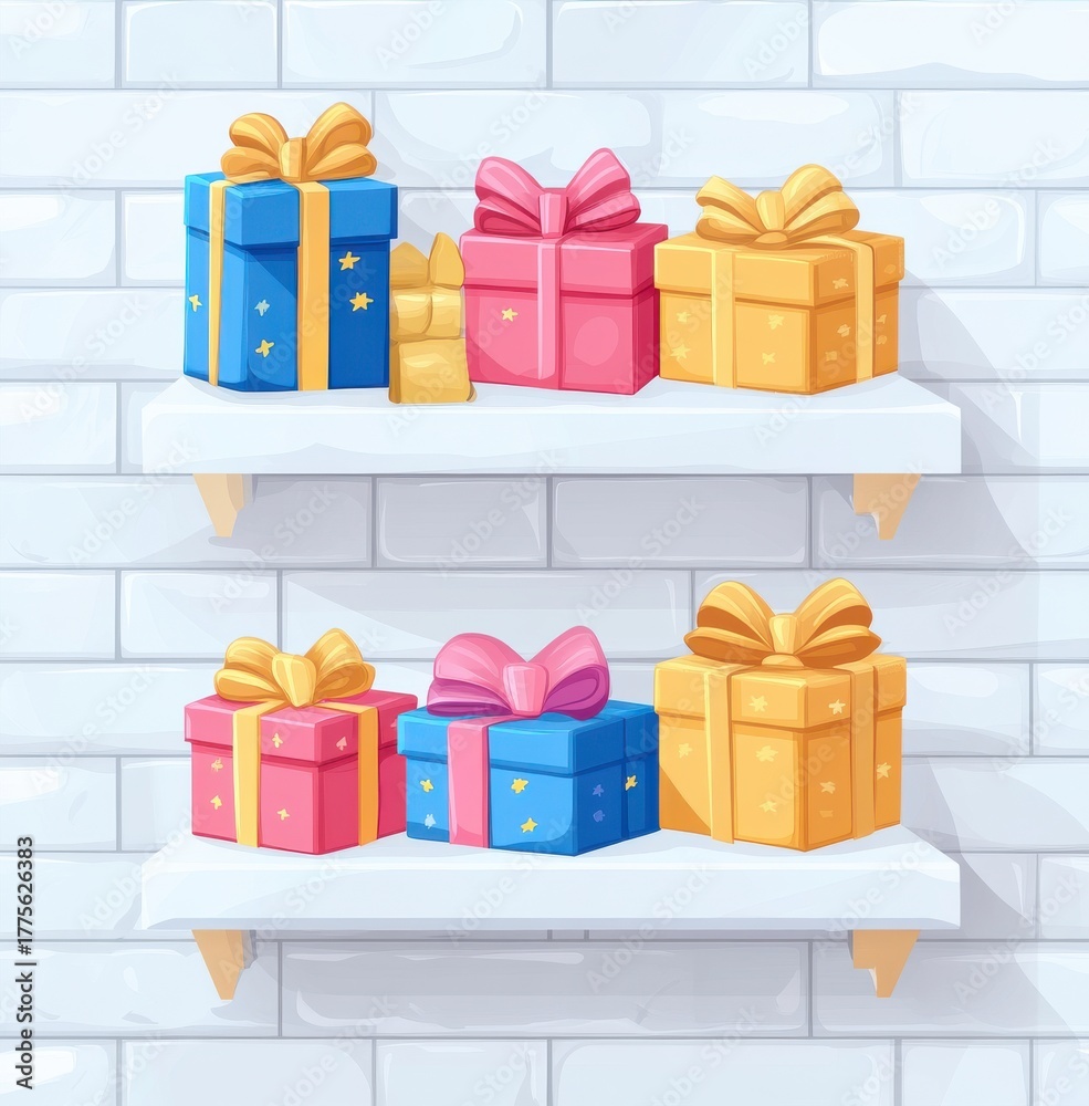 Obraz premium Colorful gift boxes on shelves with ribbons and bows in a decorative setting