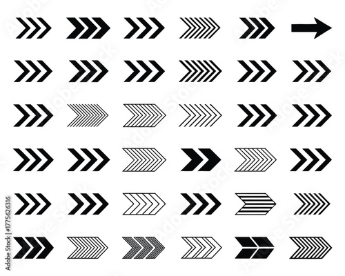 Collection of black arrows pointing right on a white background, vector designs