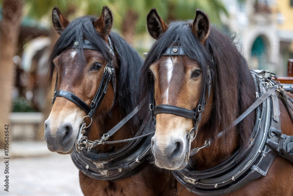 Obraz premium Dark bay draft horses wearing harness for carriage ride