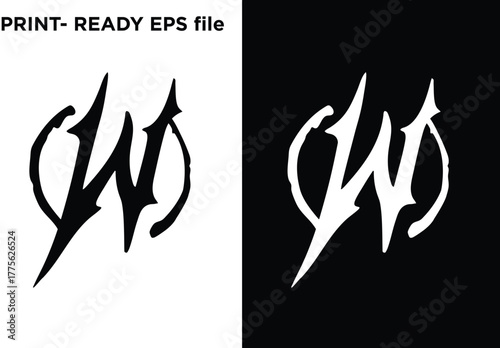 Aggressive Monogram Vector Art featuring a sharp, stylized letter 'W' in a heavy metal or blackletter-inspired script. Powerful graphic for death metal, hardcore music, e-sports, and dark urban appare