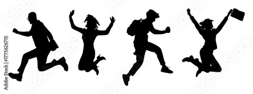Set of  people jumping in joyful poses. Dynamic silhouette design with expressive movement and clean minimal style. vector flat illustration isolated on transparent background