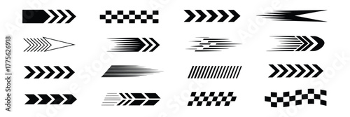 Collection of black and white arrow design elements for speed and direction