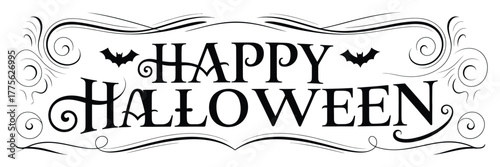 Happy Halloween Decorative Text with Bats and Ornate Flourishes