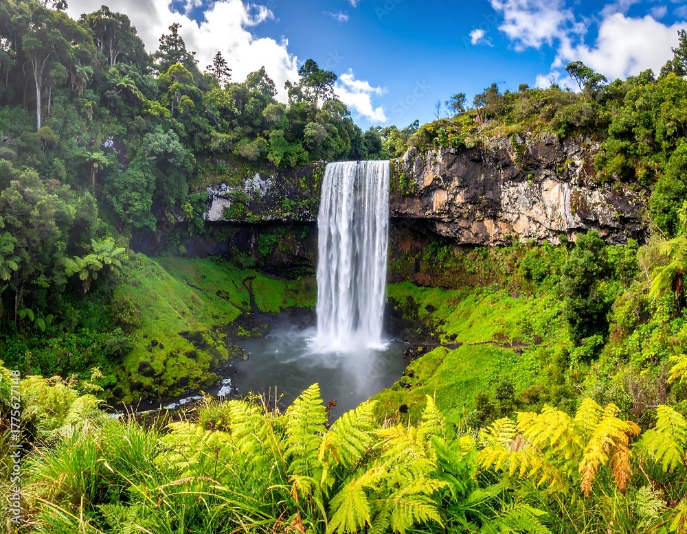 Fototapeta premium Scenic waterfall cascading down a cliff face surrounded by lush greenery