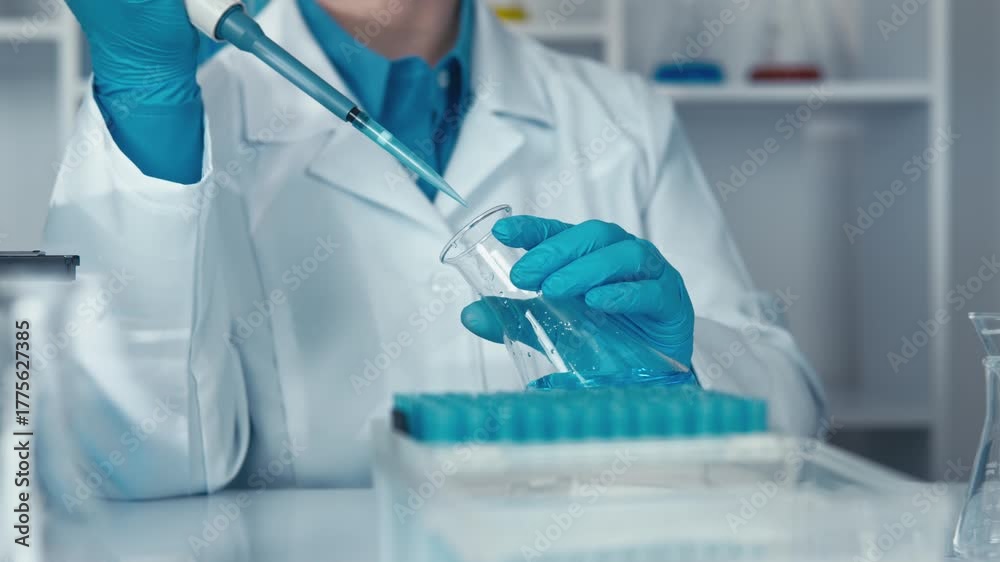 In a lab, a dedicated researcher in a lab coat measures liquids with a pipette, analyzing samples for scientific experiments, showcasing remarkable accuracy and commitment to scientific methods