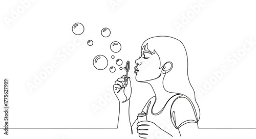 Girl blowing bubbles while smiling in a minimal line art style  