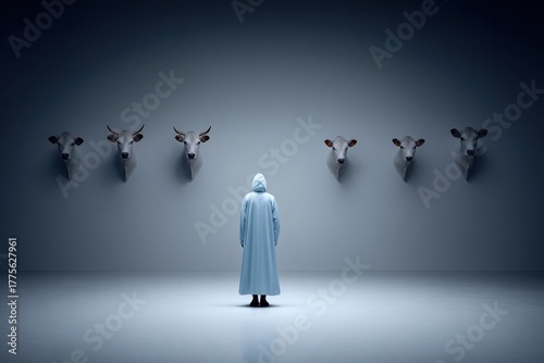 Cloaked Figure Facing Animal Heads in a Minimalist Dreamlike Space of Mystery