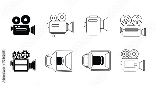 Variety of vintage and modern film cameras in simple outline style