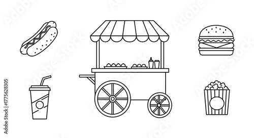 Simple line drawing of a food cart with various snack items
