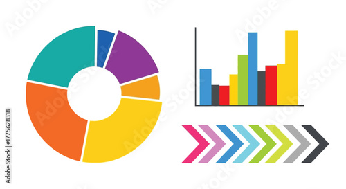 Colorful data visualization with pie chart bar graph and arrow graphics