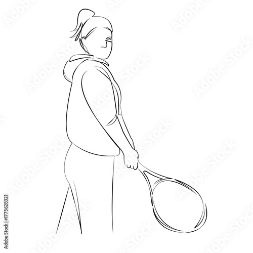 One continuous line drawing on white isolated background. Minimalism linear illustration. sport, person, player, woman, tennis, game, racket, female, play, playing