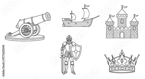 Medieval weaponry ships a knight castle and royal crown illustration