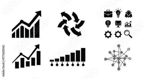 Business growth data analytics and strategic planning icon set illustration
