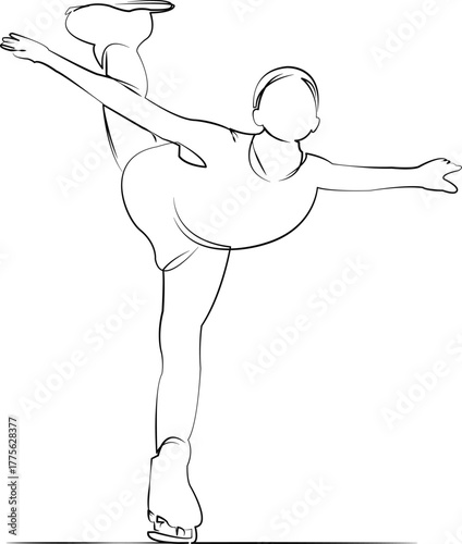 One continuous line drawing on white isolated background. Minimalism linear illustration. person, skate, competition, dance, sport, ice, skater, professional, woman, girl