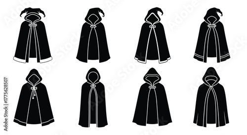 Several black hooded cloaks shown in various styles and perspectives