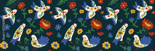 Scandinavian folk floral seamless pattern with spring birds and retro animals.