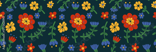 Spring seamless pattern in scandinavian folk floral flowers retro style.