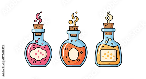 Potion bottles vector illustration, magical elixir fantasy alchemy design