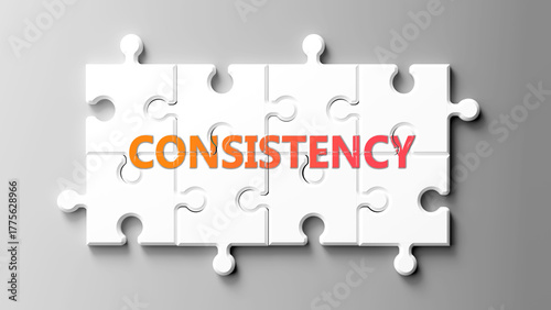 Konstfotografi Consistency complex like a puzzle - pictured as word consistency on a puzzle pieces to show that consistency is complex and needs cooperating pieces that fit together