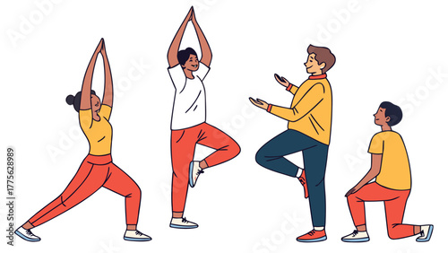 People stand in tree pose in yoga class. Men and women are training, practice physical exercises with coach together. Group sports workout with trainer, instructor in gym. Flat vector illustration