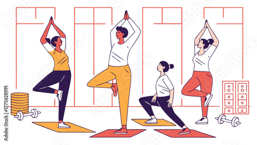 People stand in tree pose in yoga class. Men and women are training, practice physical exercises with coach together. Group sports workout with trainer, instructor in gym. Flat vector illustration