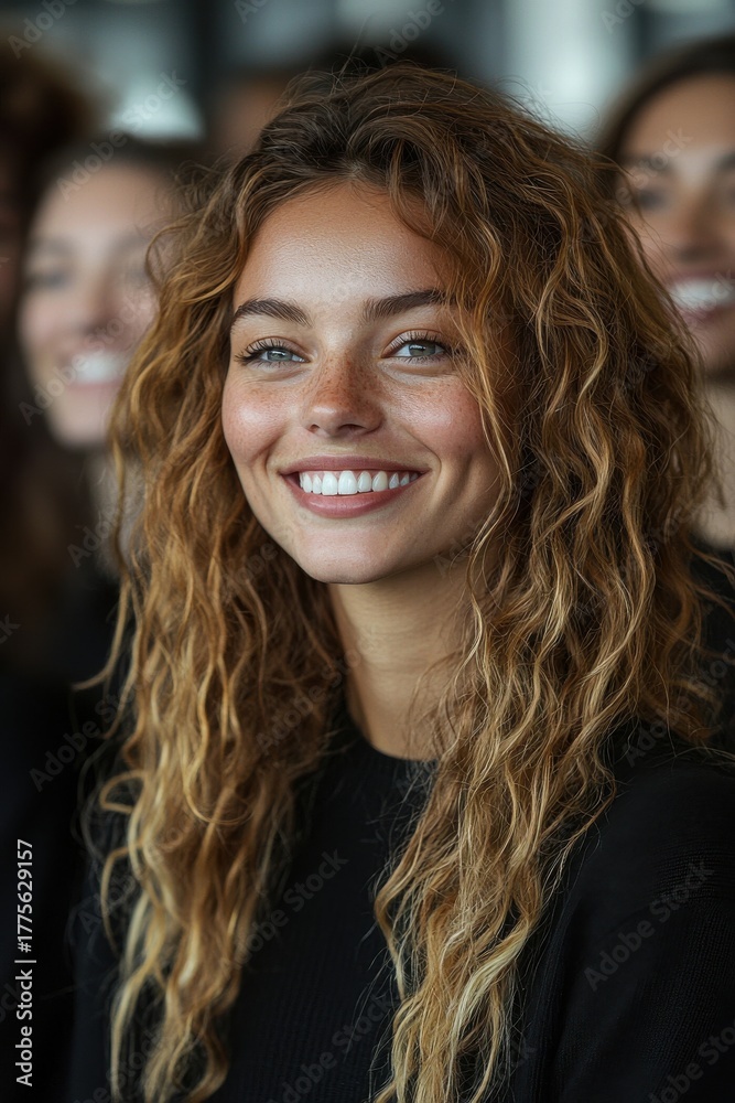 Fototapeta premium Smiling woman with curly hair in a joyful group setting