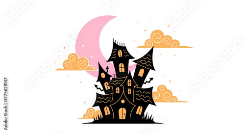 Halloween haunted house vector illustration with moon and clouds art