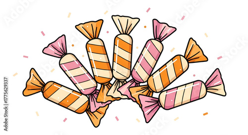 Cartoon candies illustration, sweet treats party favors wrapped candies