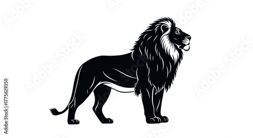 Black lion standing, side view, vector illustration on white background.