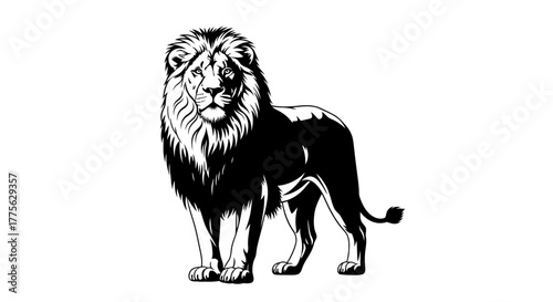 A majestic lion standing tall, depicted in a striking black and white illustration.