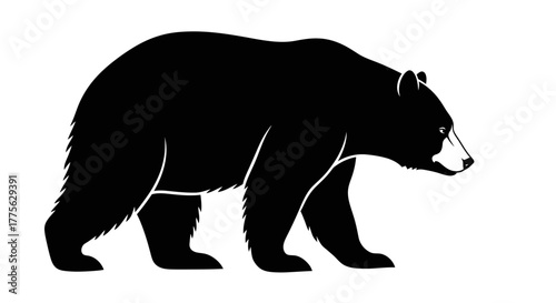 A black bear silhouette walking against a white background, showing its side profile.