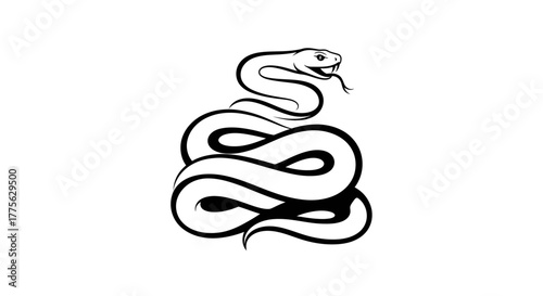 Black and white illustration of a coiled snake with its head raised.