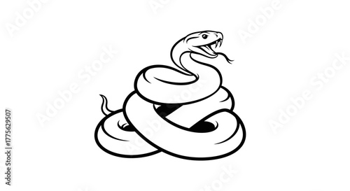 Coiled snake with open mouth and forked tongue, black and white drawing.