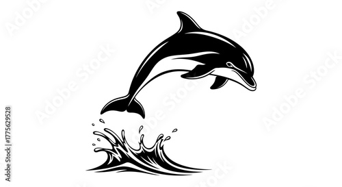 Monochrome illustration of a dolphin leaping out of the water, with splashes and waves, on a white background.