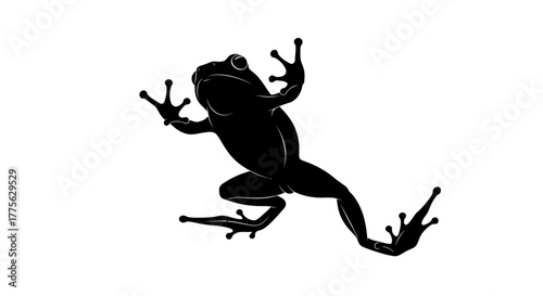 Silhouette of a frog climbing, isolated on white background, showing its distinctive shape and limbs.