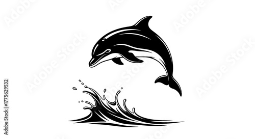Monochrome illustration of a dolphin leaping out of water with a splash.