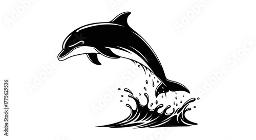 Black and white illustration of a dolphin leaping out of the water.