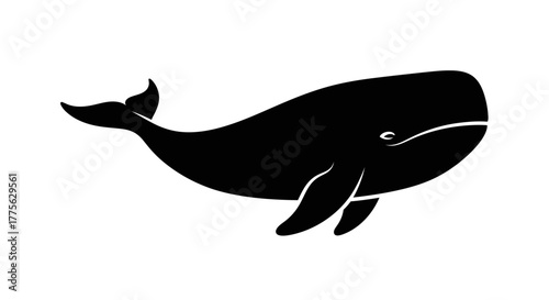 Silhouette of a whale swimming, with a curved body and tail, isolated on a white background.