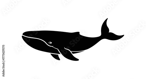 Silhouette of a whale swimming, featuring its distinctive body shape, flippers, and tail, against a plain white background.