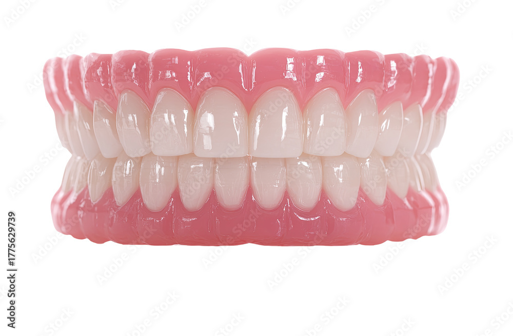 Obraz premium Full upper and lower dental prosthesis. Close-up view of a complete set of artificial teeth. Natural looking teeth and gums. High-quality dental appliance