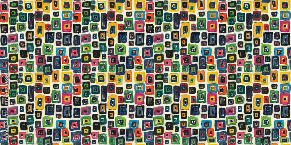 Fototapeta premium Colorful abstract painting with geometric square patterns in bold vibrant colors