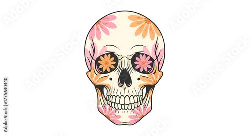 Floral sugar skull drawing, dia de los muertos, halloween day of the dead art