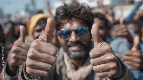 Indian election protesters celebrating with animated thumbs-up gestures in vibrant atmosphere, captured with drone and rack focus techniques